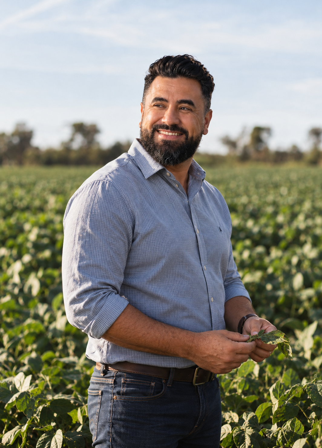 Agricultor sorrindo em uma lavoura verde